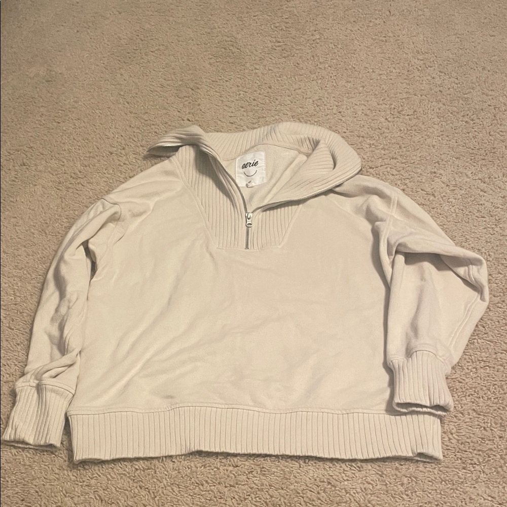 Aerie Cream Ribbed Quarter-Zip Pullover